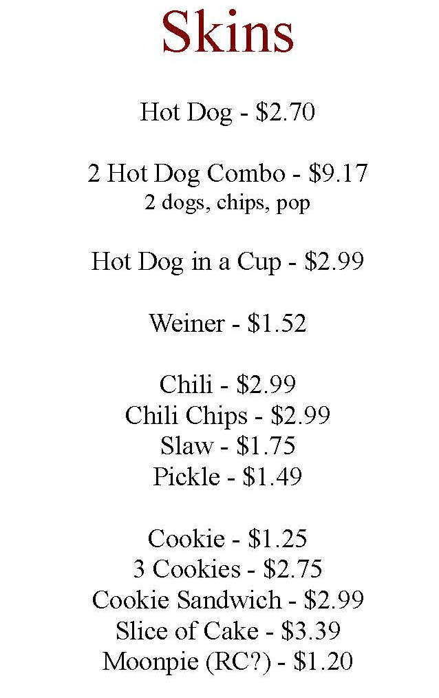 Skin's Hot Dogs Seneca menu page 1