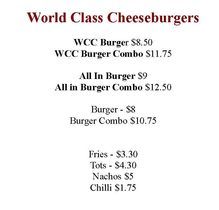 World Class Cheeseburgers menu page 1