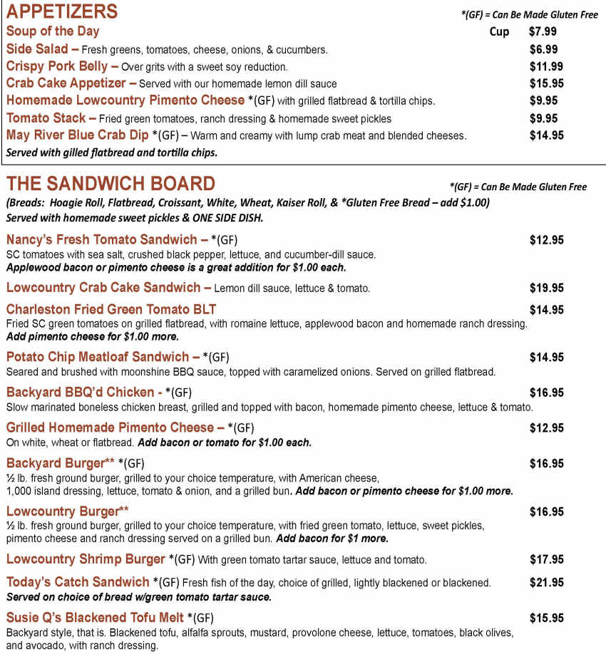 A Lowcountry Backyard menu page 1