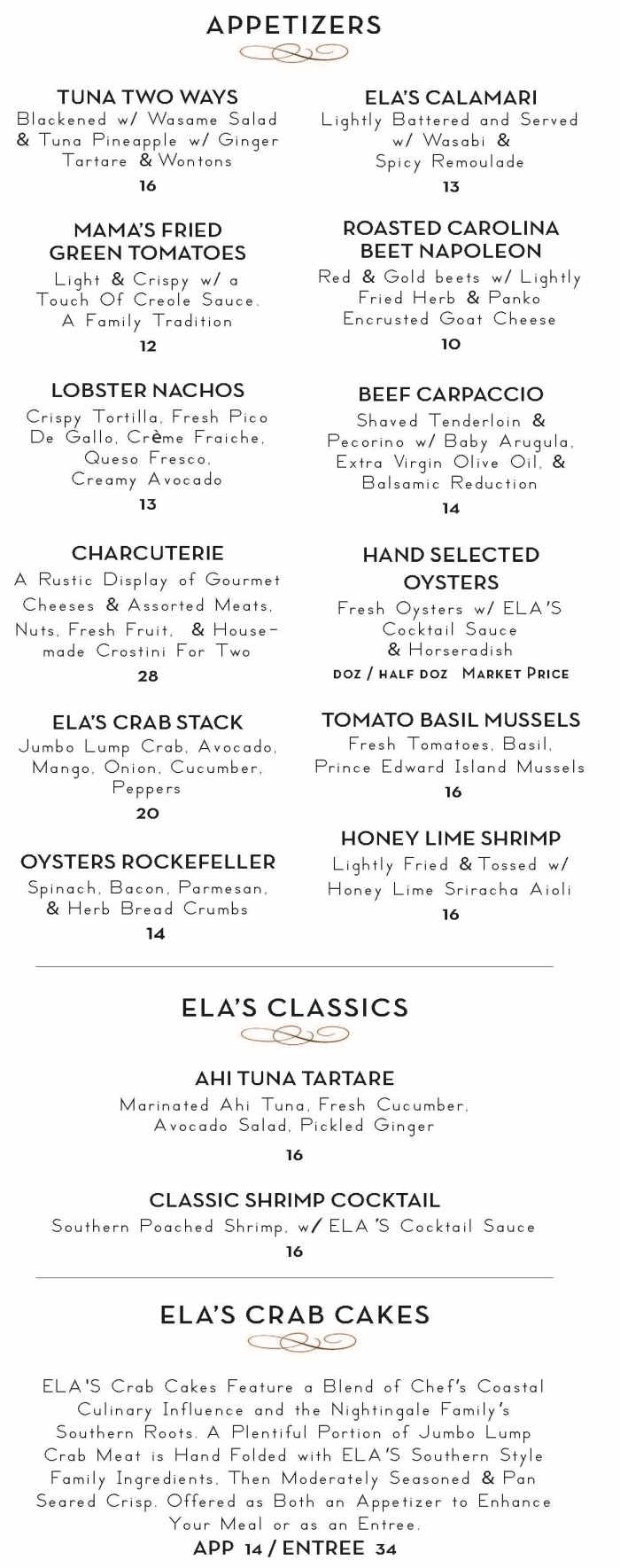 Ela's On the Water menu page 1