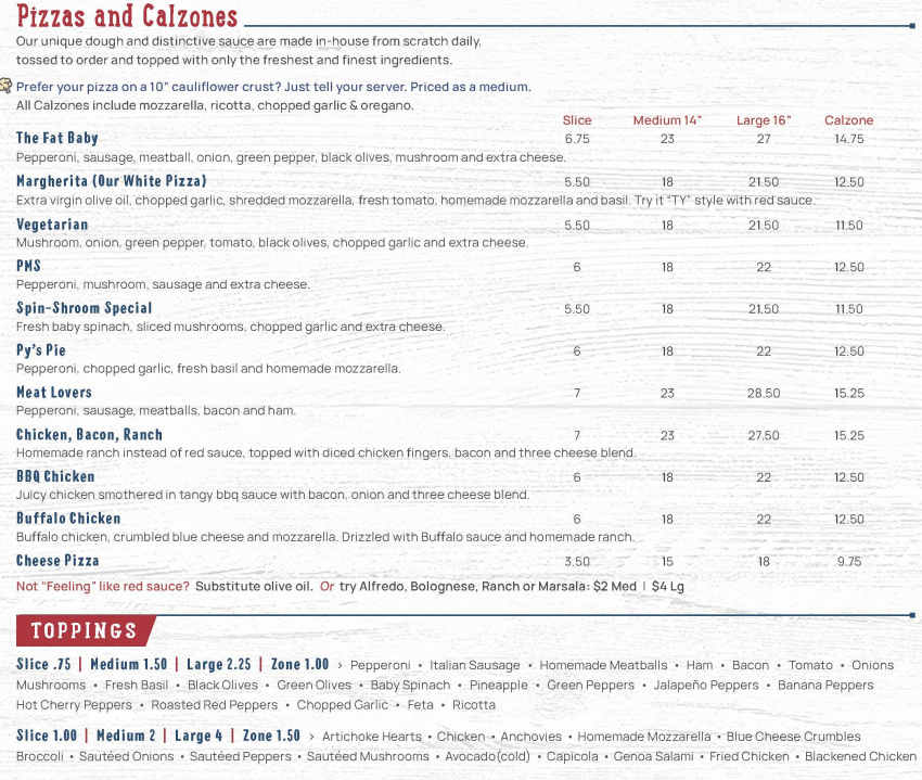 Fat Baby's Pizza & Subs menu page 1