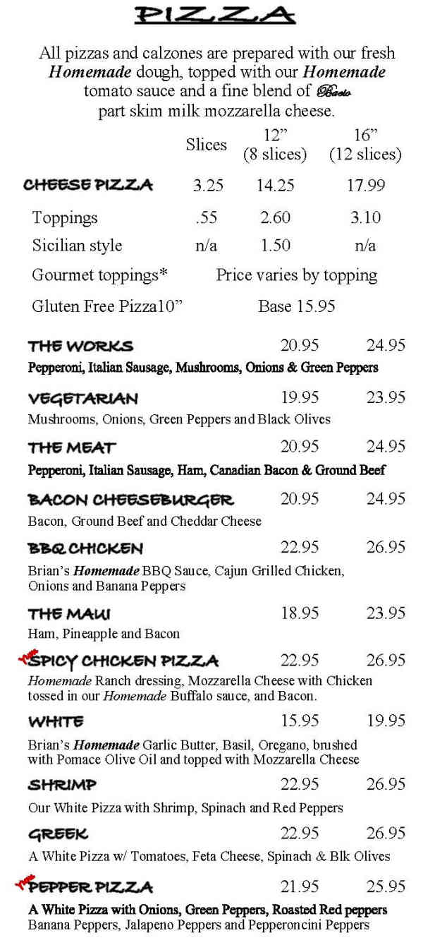 Mangiamo's Pizza menu page 1