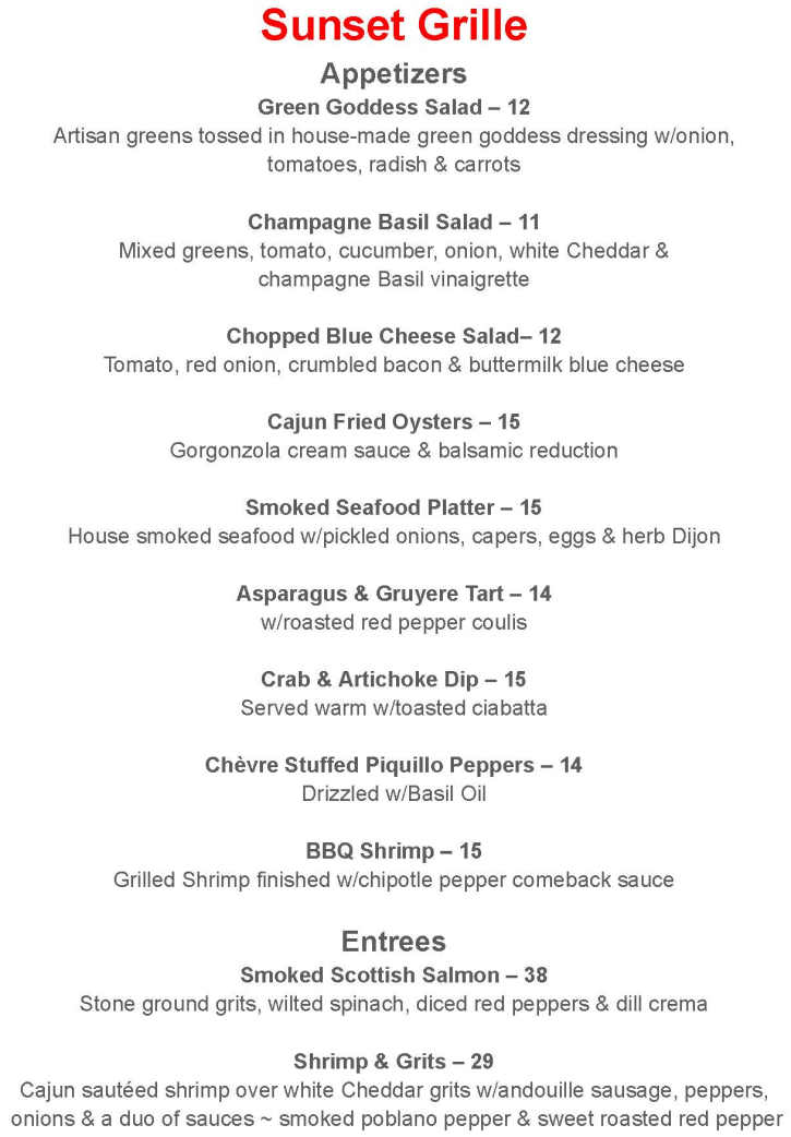 Sunset Grille menu page 1