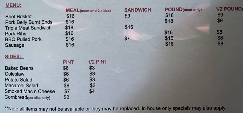 Rub'N Tug BBQ menu page 1