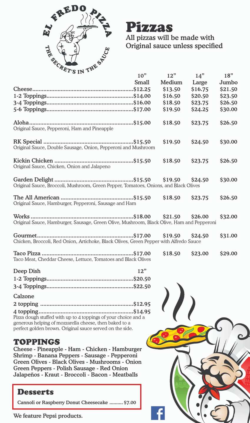 El Fredo Pizza menu page 1