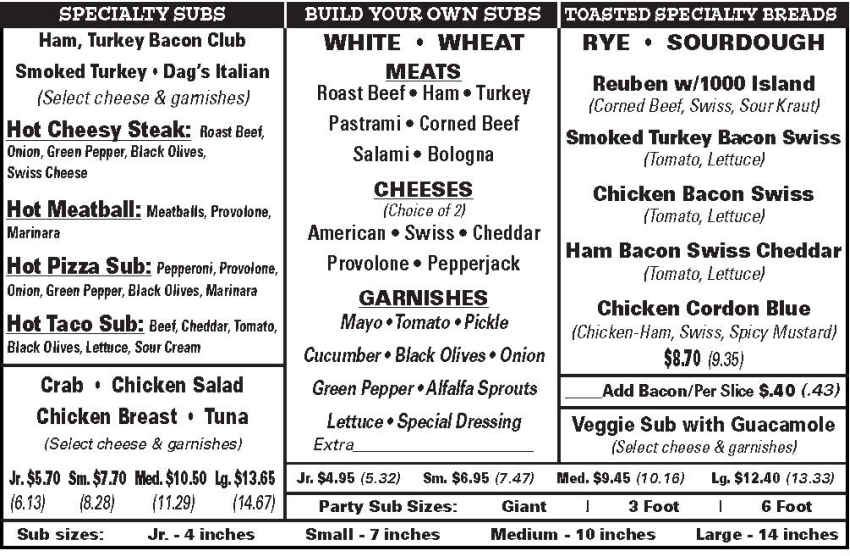 Dagwood's Subs & More menu page 1