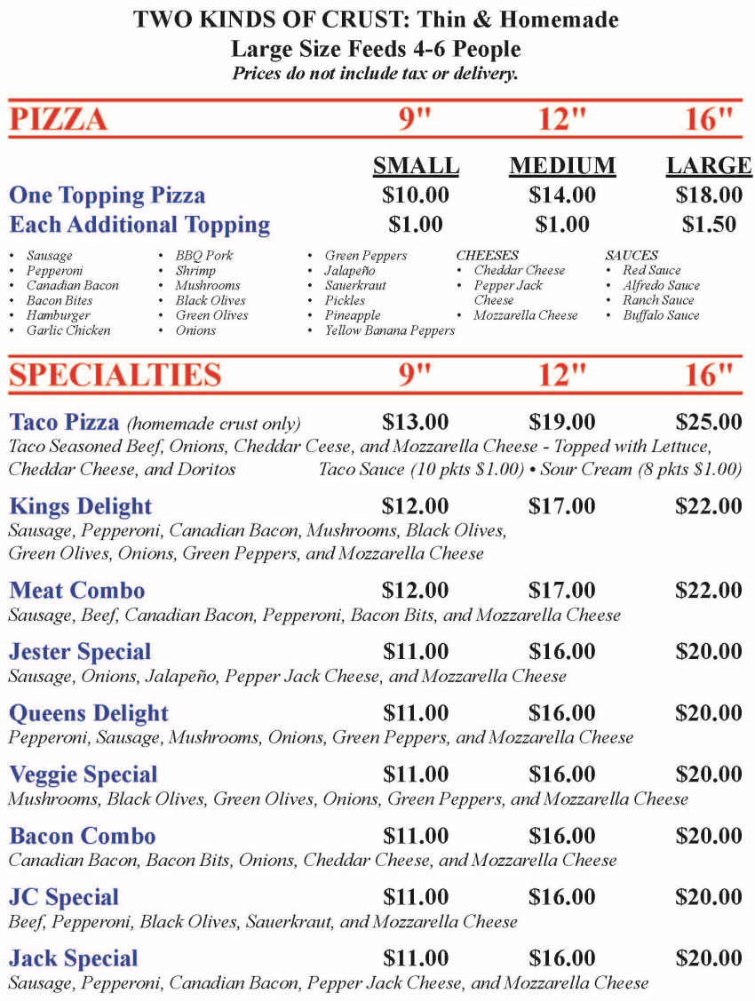 Empire Pizza menu page 1