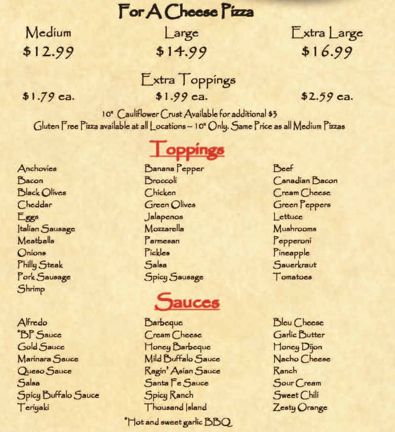 Boss' Pizza & Chicken menu page 1