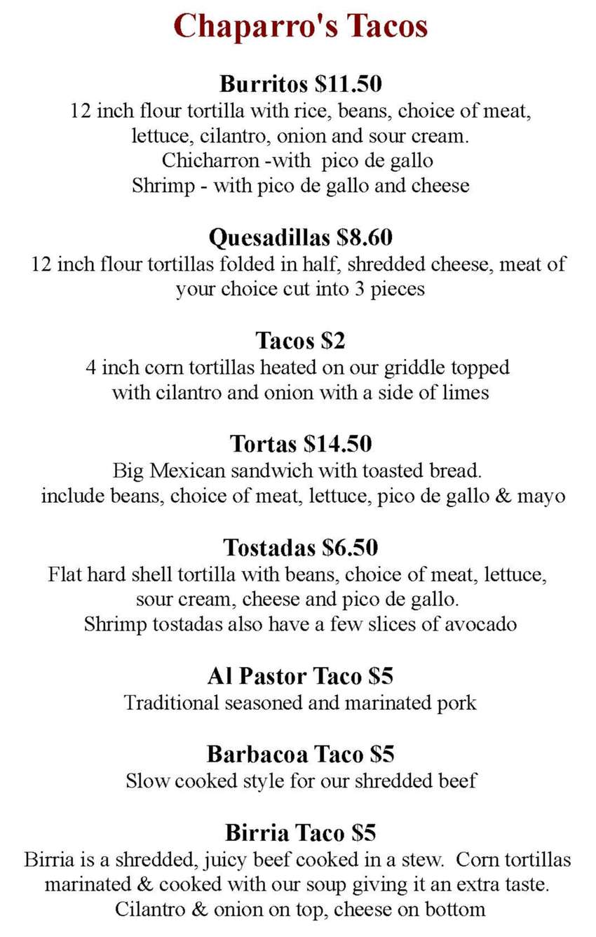 Chaparro's Tacos menu page 1