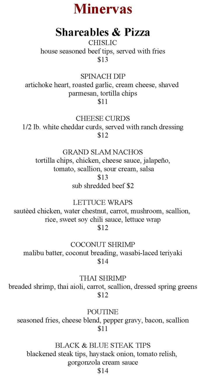 Minervas menu page 1