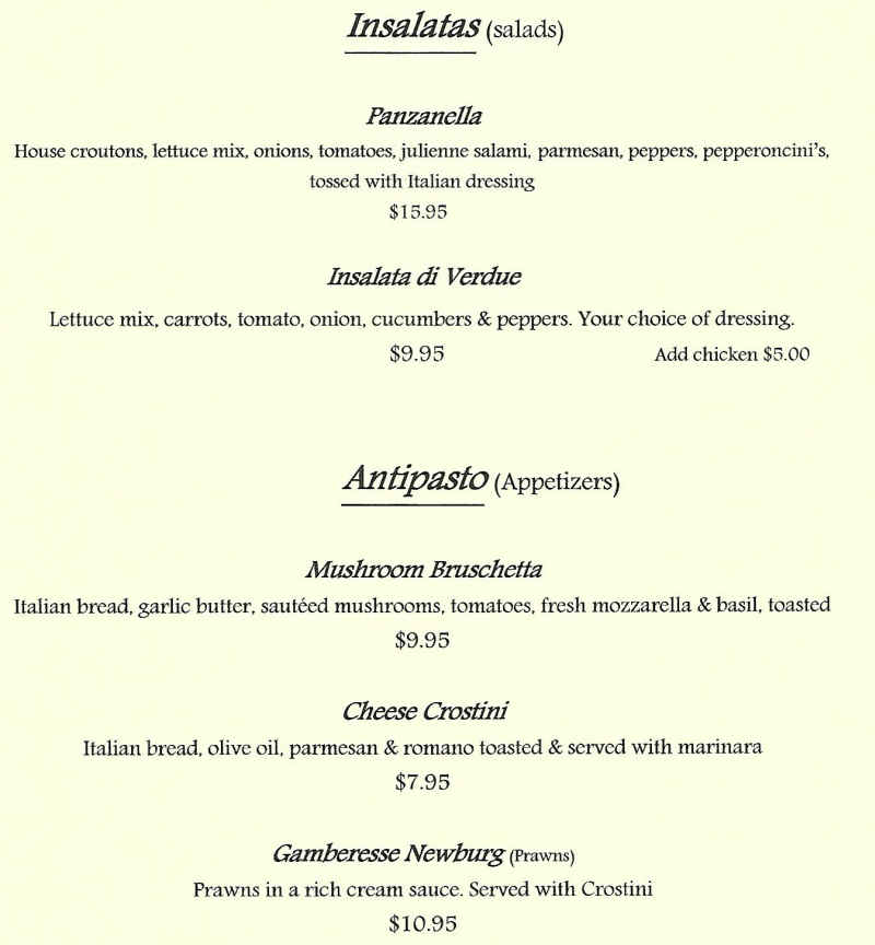 Willa B's Bistro menu page 1