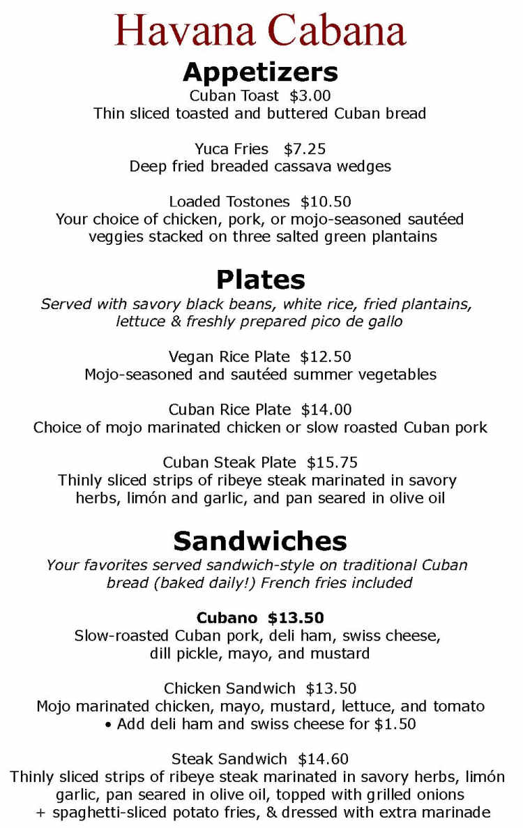 Havana Cabana menu page 1