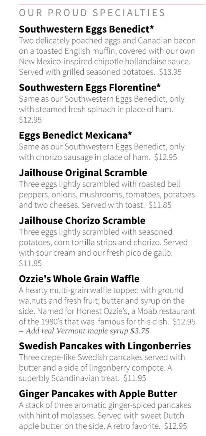 Jailhouse Cafe menu page 1