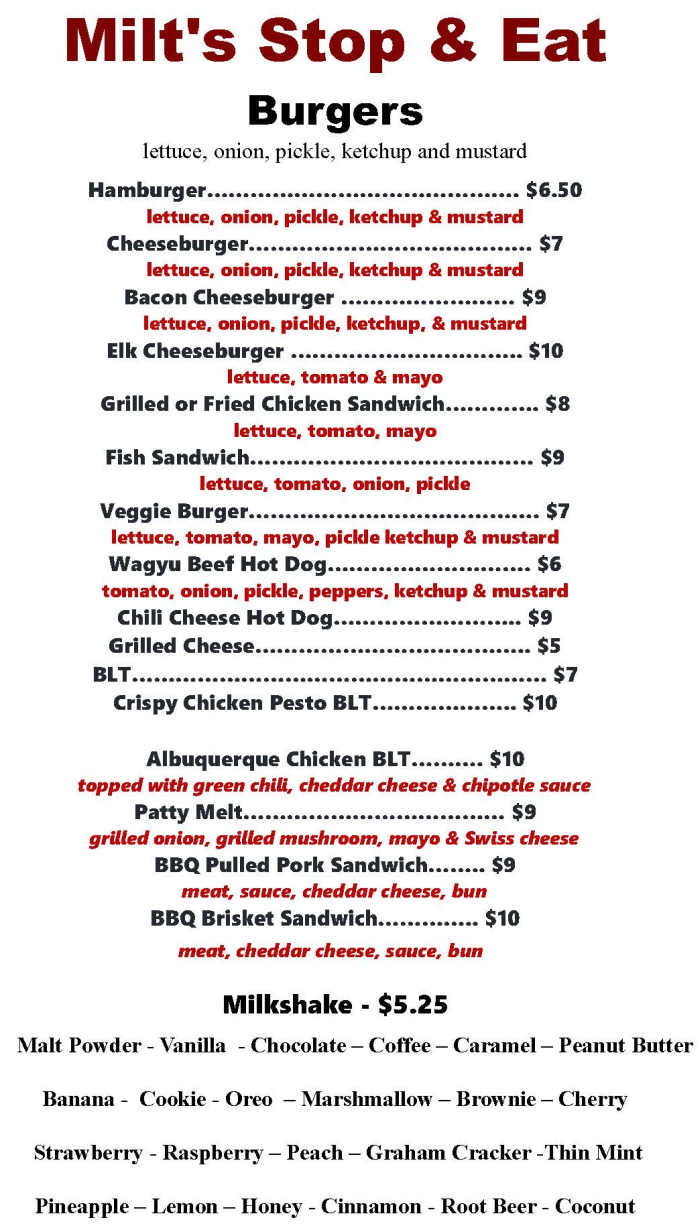 Milt's Stop & Eat menu page 1