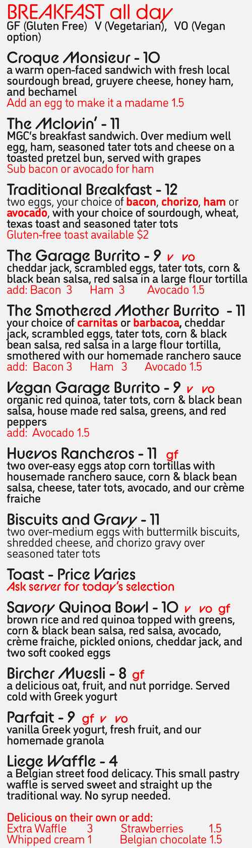 Moab Garage Co. menu page 1