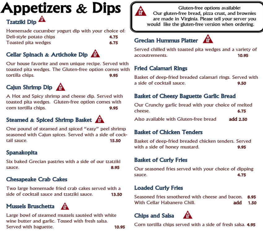 The Cellar menu page 1