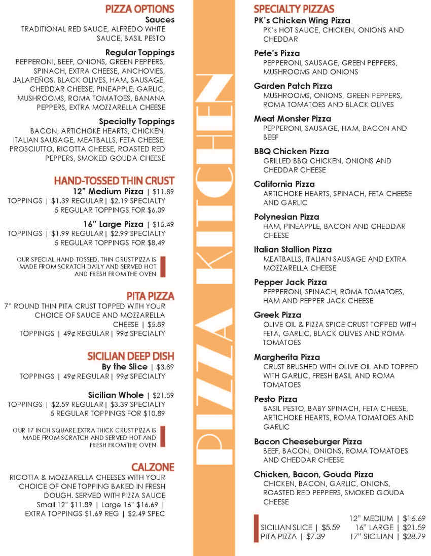 PK's Bar & Grill menu page 1