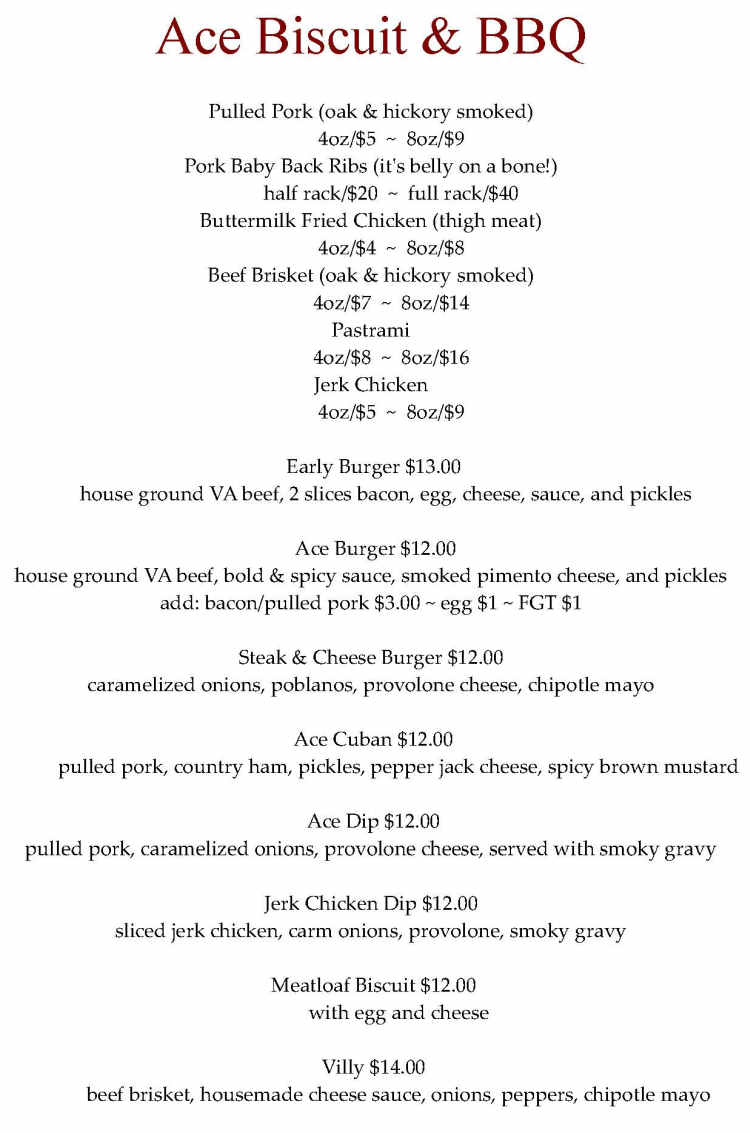 Ace Biscuit & Barbecue menu page 1