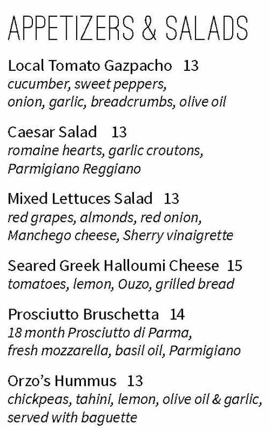 Orzo Kitchen & Wine Bar menu page 1