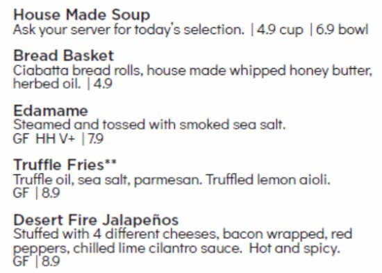 Sedona Taphouse menu page 1