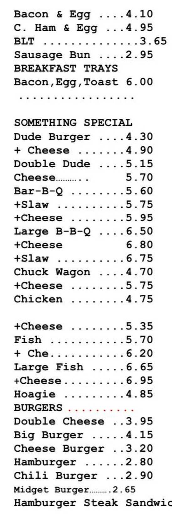 Dude's Drive In menu page 1