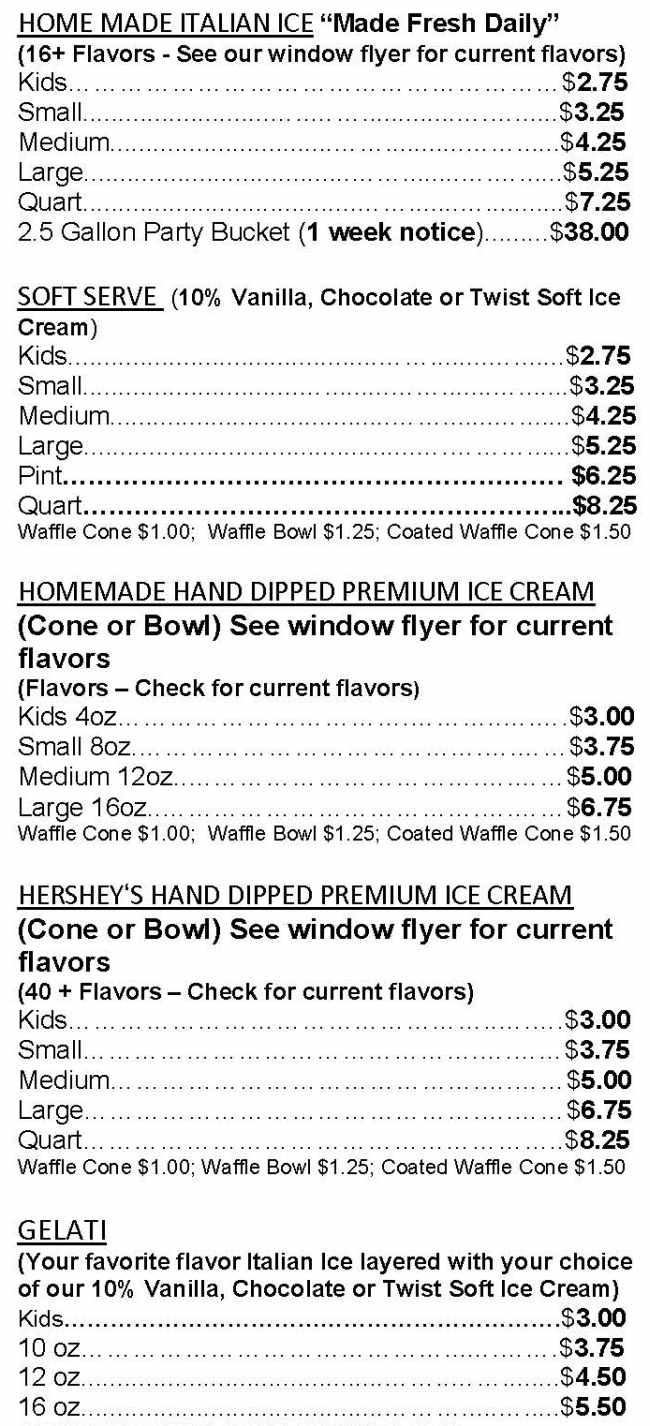 Gardner's Frozen Treats menu page 1