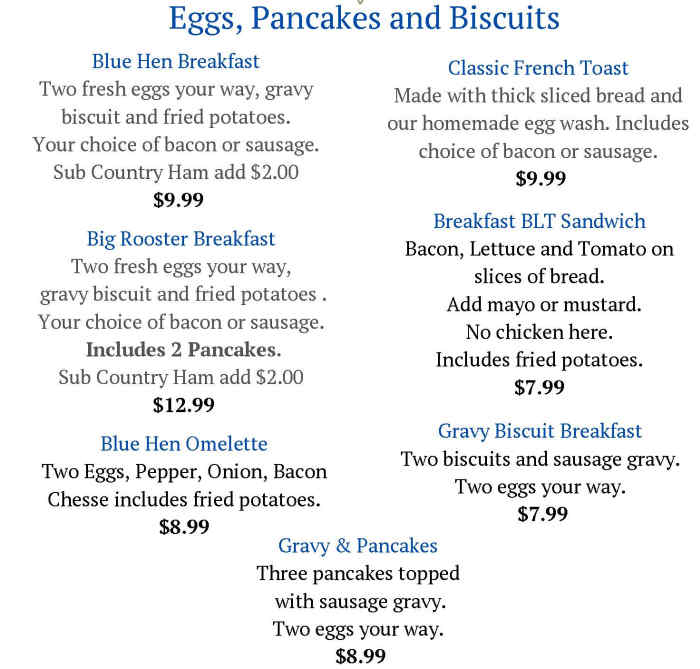 The Blue Hen menu page 1