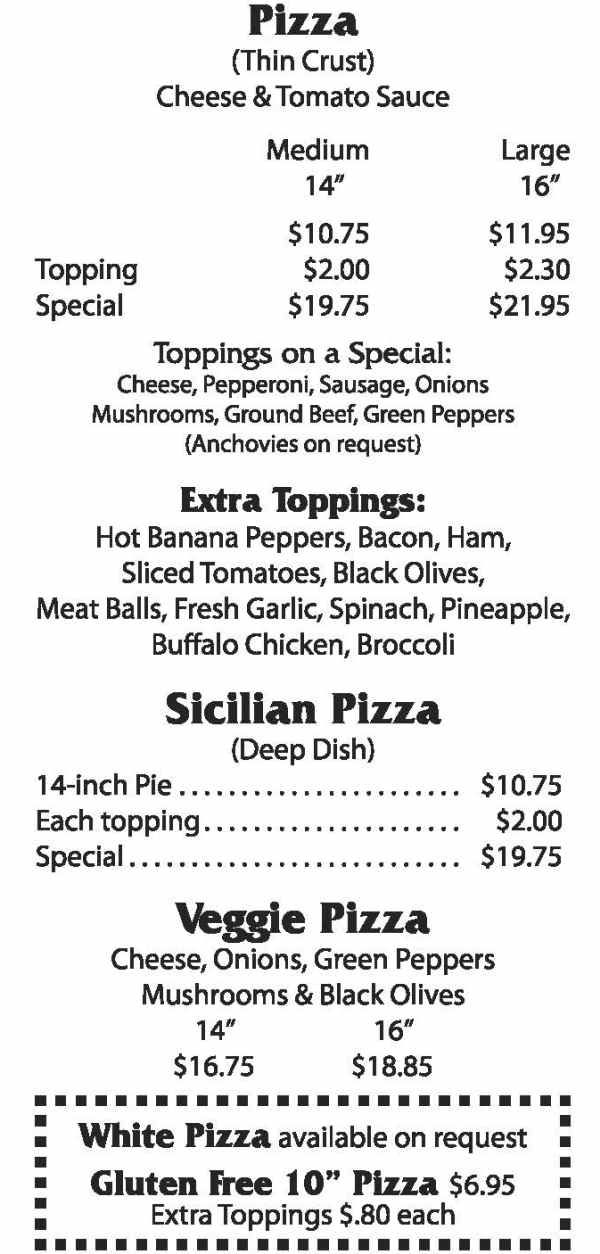 Frank's Pizza & Subs menu page 1
