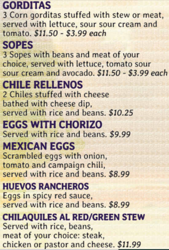 Taqueria Jalisco menu page 1