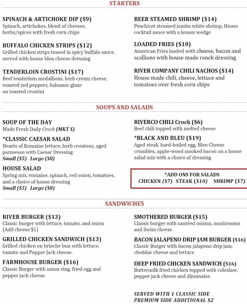 River Company Brewery menu page 1
