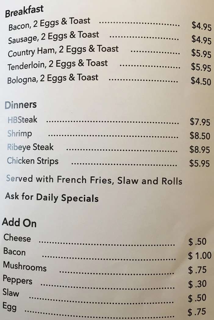 Hank's Drive In menu page 1