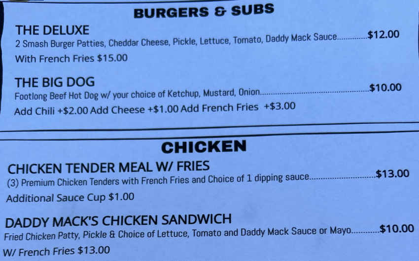 Daddy Mack's Grub Shack menu page 1