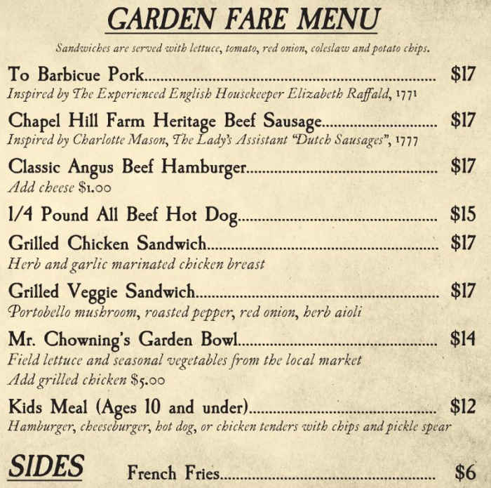 Chowning's Tavern menu page 1