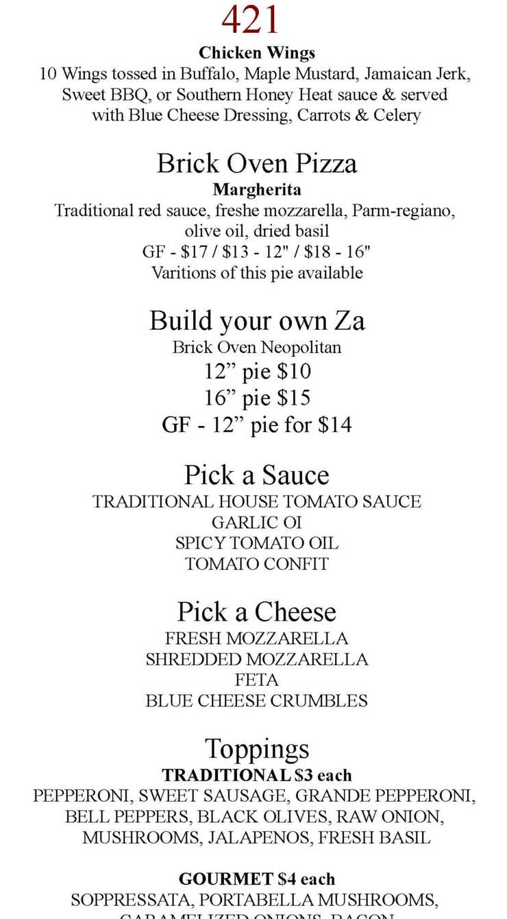 421 Craft Bar & Kitchen menu page 1