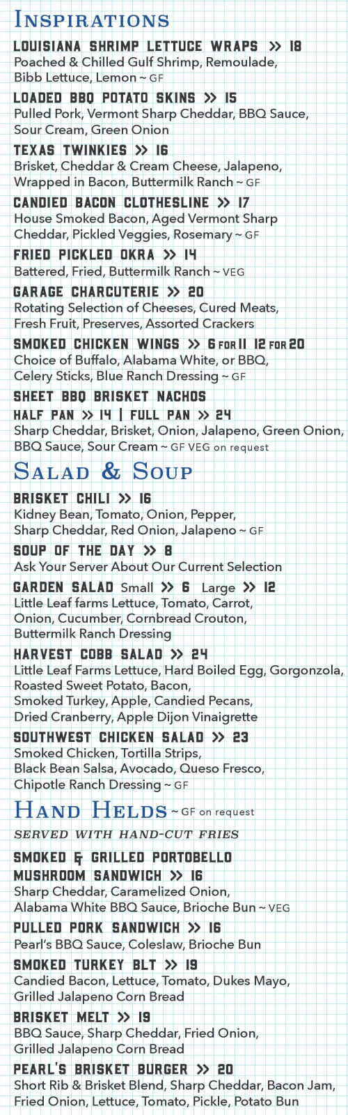 Pearl's at the Garage menu page 1