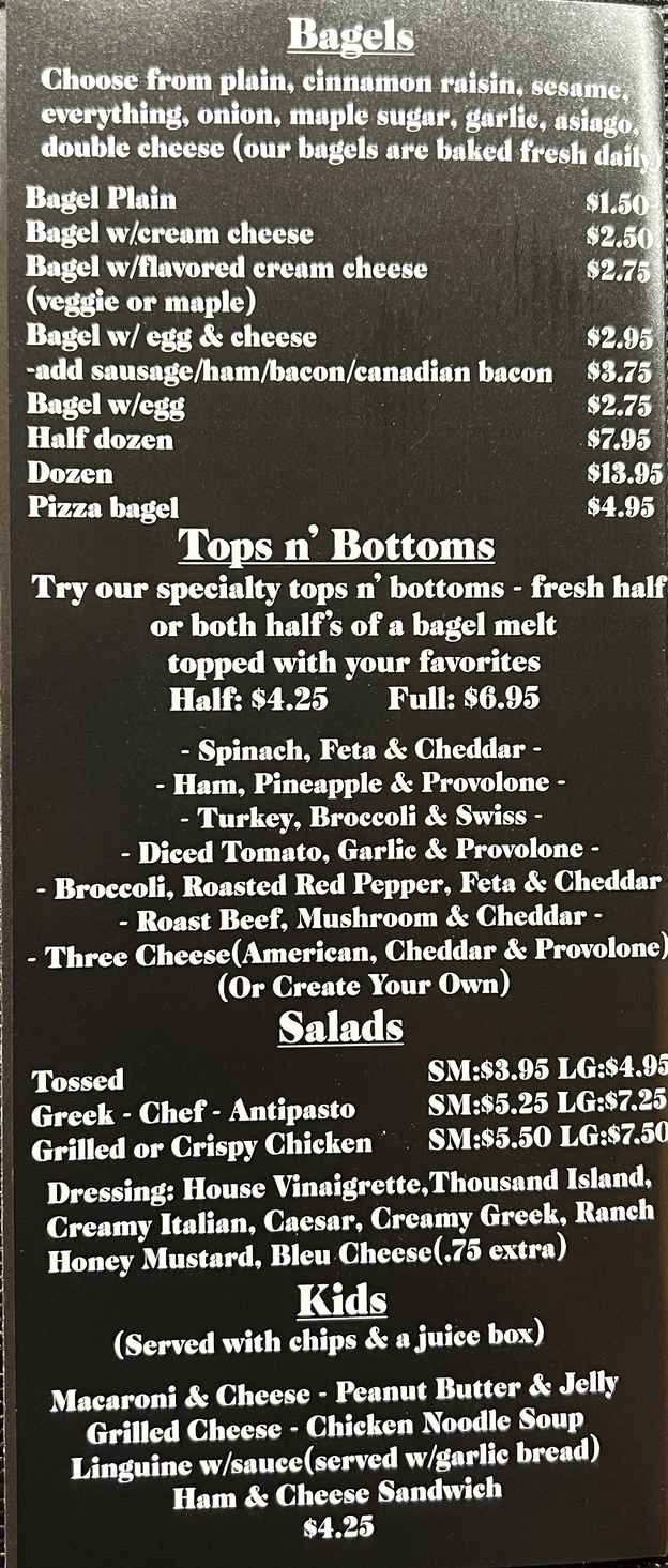 Benner's Bagels n Pizza menu page 1