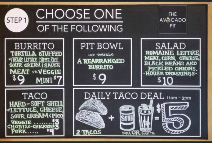 The Avocado Pit menu page 1