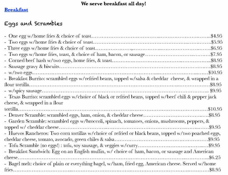 Blue Benn menu page 1
