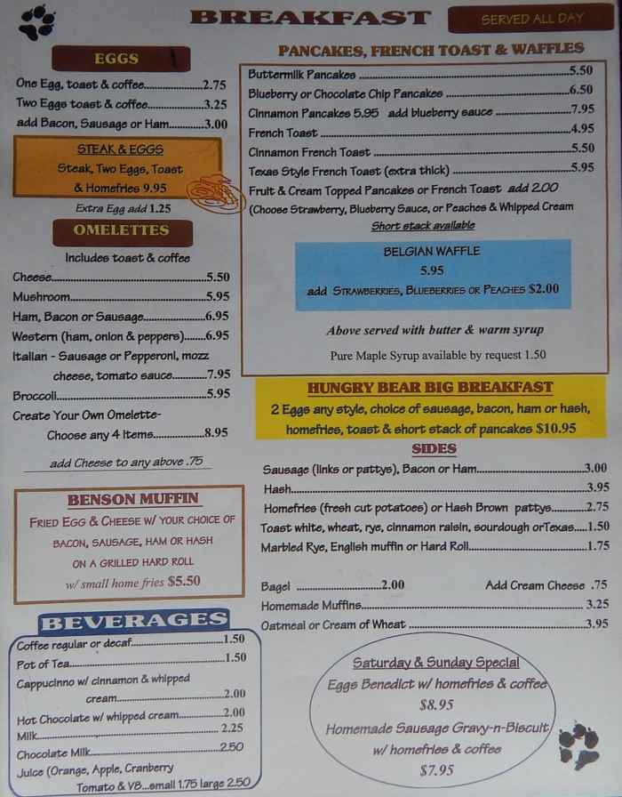 Benson's menu page 1