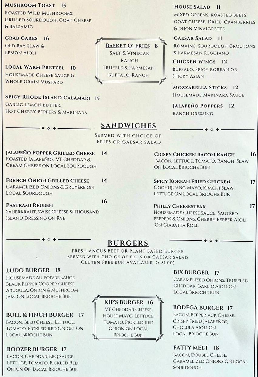 Kipling's Tavern menu page 1