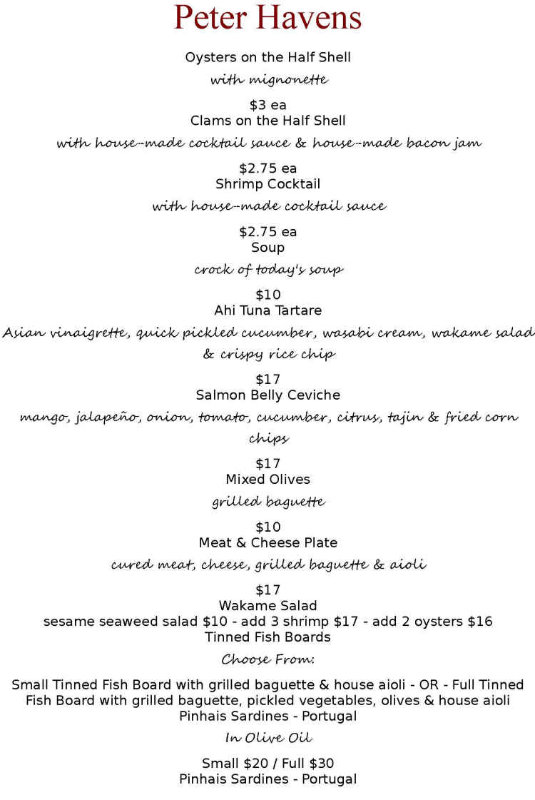 Peter Havens menu page 1