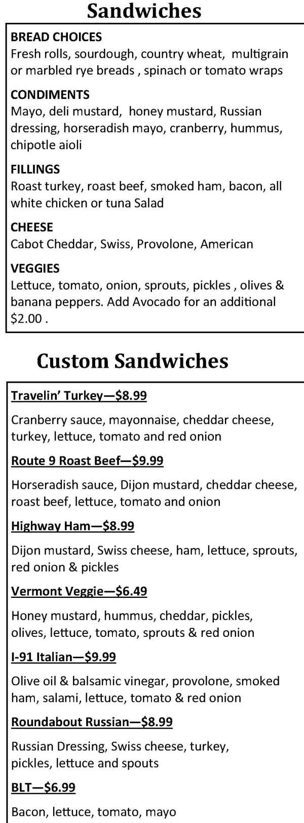 The Vermont Country Deli menu page 1