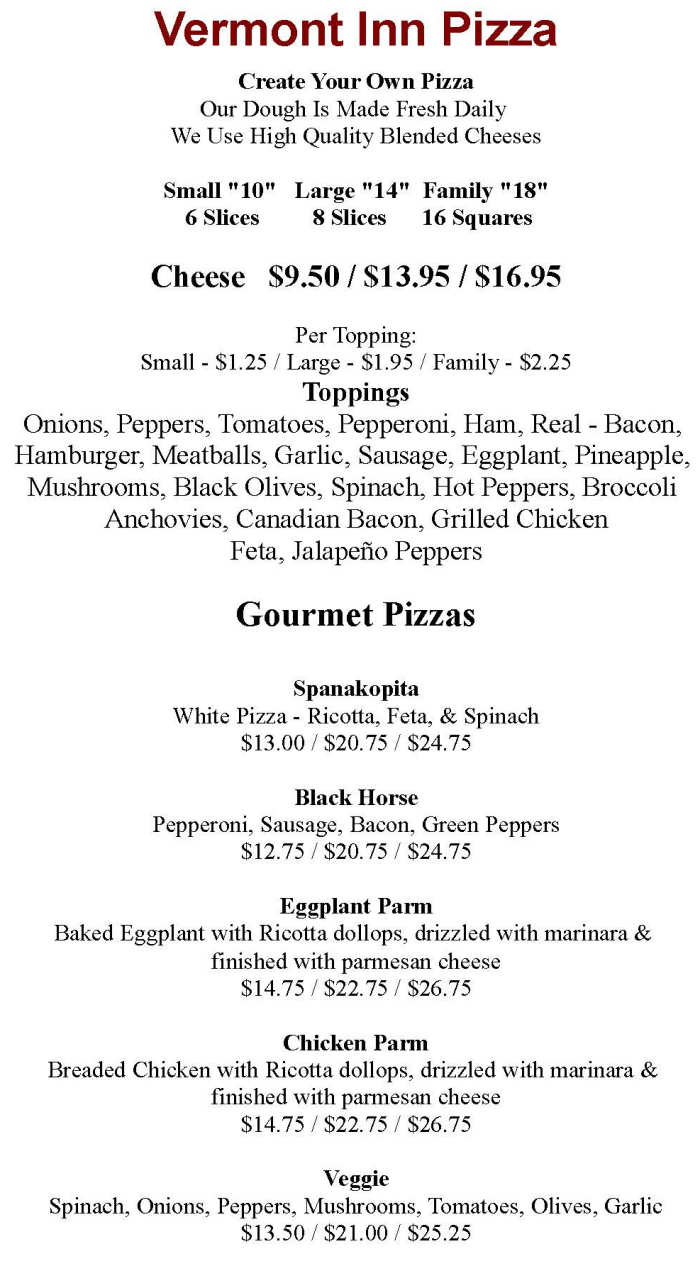 Vermont Inn Pizza menu page 1