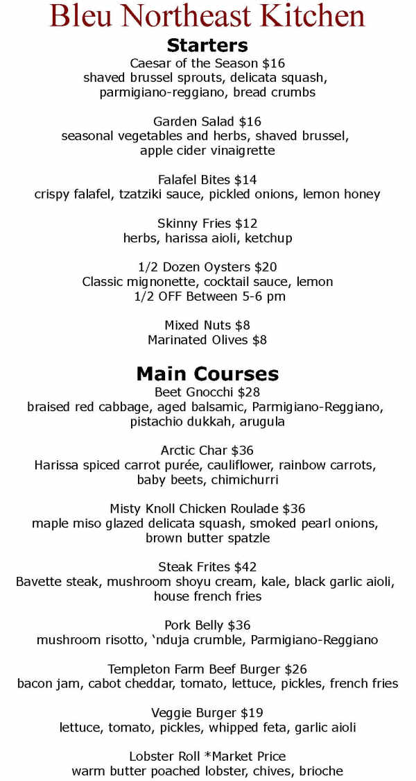 Bleu Northeast Kitchen menu page 1