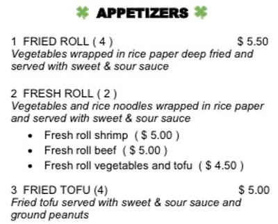 Suvi's Kitchen menu page 1