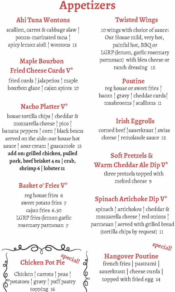 Our House Bistro menu page 1