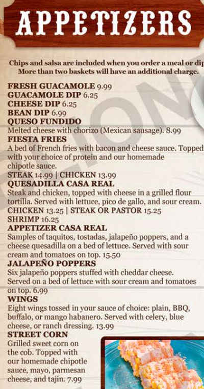 Casa Real Mexican menu page 1