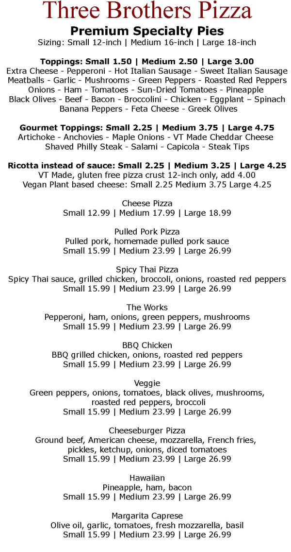Three Brothers Pizza & Grill menu page 1