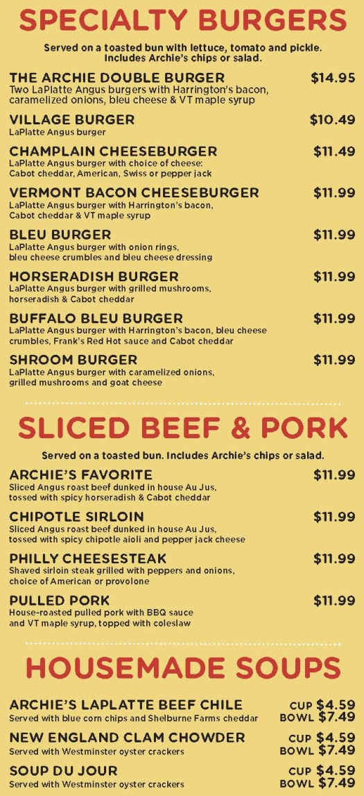 Archie's Grill menu page 1