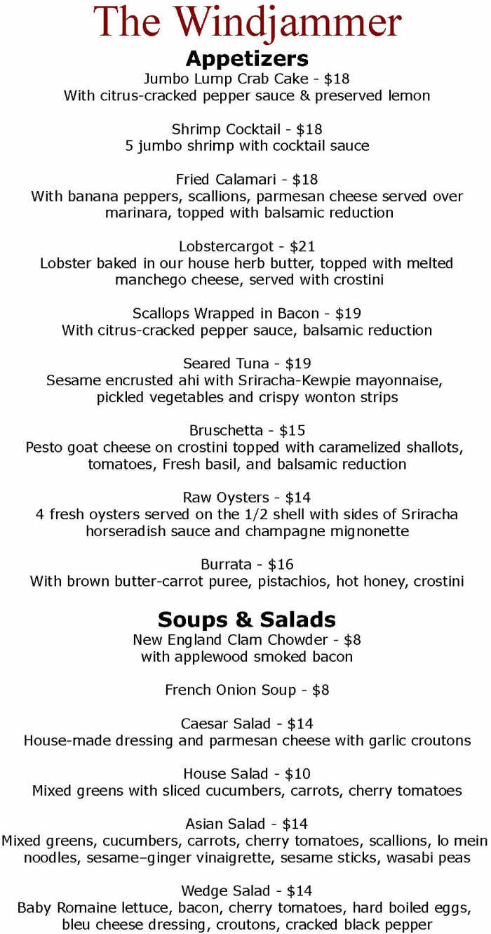 Windjammer Restaurant menu page 1